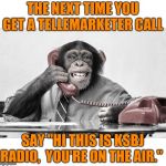 Works much better than a do not call list | THE NEXT TIME YOU GET A TELLEMARKETER CALL; SAY "HI THIS IS KSBJ RADIO,  YOU'RE ON THE AIR." | image tagged in in the middle of a phone call,telemarketer,aint nobody got time for that | made w/ Imgflip meme maker