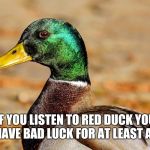 IF YOU LISTEN TO RED DUCK YOU WILL HAVE BAD LUCK FOR AT LEAST A WEEK | image tagged in good advice mallard,actual advice mallard | made w/ Imgflip meme maker