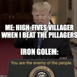 You Are the Enemy of the People | ME: HIGH-FIVES VILLAGER WHEN I BEAT THE PILLAGERS; IRON GOLEM: | image tagged in you are the enemy of the people | made w/ Imgflip meme maker