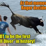 First "Bull Diver" in History! | At that moment,
Roger decided; NOT to be the first 
"Bull Diver" in history! | image tagged in bull diving,funny memes,diving,bull,water,roger | made w/ Imgflip meme maker
