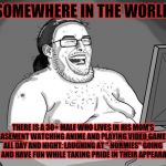 Some people just never grow up | SOMEWHERE IN THE WORLD; THERE IS A 30+ MALE WHO LIVES IN HIS MOM'S BASEMENT WATCHING ANIME AND PLAYING VIDEO GAMES ALL DAY AND NIGHT. LAUGHING AT " NORMIES" GOING OUT AND HAVE FUN WHILE TAKING PRIDE IN THEIR APPEARANCE | image tagged in 9gagging neckbeard,memes | made w/ Imgflip meme maker