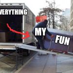 Moving Truck | EVERYTHING; FUN; MY; WIFE | image tagged in moving truck | made w/ Imgflip meme maker