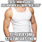 wifebeater | THESE UNDERSHIRTS ARE KNOWN AS "WIFE-BEATERS"; YET, EVERYONE STILL WEARS THEM | image tagged in wifebeater | made w/ Imgflip meme maker