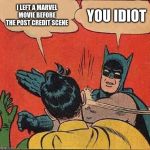 marvel dc collab | I LEFT A MARVEL MOVIE BEFORE THE POST CREDIT SCENE YOU IDIOT | image tagged in memes,batman slapping robin,idiot,marvel,movie,lol | made w/ Imgflip meme maker
