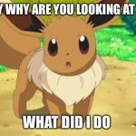 Eevee | HEY WHY ARE YOU LOOKING AT ME; WHAT DID I DO | image tagged in eevee | made w/ Imgflip meme maker