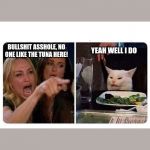 Cat at Dinner | YEAH WELL I DO; BULLSHIT ASSHOLE, NO ONE LIKE THE TUNA HERE! | image tagged in cat at dinner | made w/ Imgflip meme maker