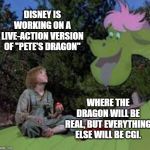 They own several studios and they still can't come out with original material. | DISNEY IS WORKING ON A LIVE-ACTION VERSION OF "PETE'S DRAGON"; WHERE THE DRAGON WILL BE REAL, BUT EVERYTHING ELSE WILL BE CGI. | image tagged in petes dragon,disney,movies,remake | made w/ Imgflip meme maker