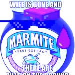 Marmite | WHEN YOUR WIFE IS GONE AND; THERE ARE PILLS ON THE GROUND | image tagged in marmite | made w/ Imgflip meme maker