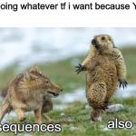 Fox scaring marmot | me: *doing whatever tf i want because YOLO*; also me; consequences | image tagged in fox scaring marmot | made w/ Imgflip meme maker