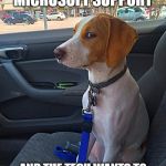 Suspicious Dog | WHEN YOU CALLED MICROSOFT SUPPORT; AND THE TECH WANTS TO REMOTE INTO YOUR COMPUTER | image tagged in suspicious dog | made w/ Imgflip meme maker