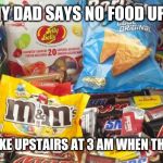 Lotsa Fud | WHEN MY DAD SAYS NO FOOD UPSTAIRS; WHAT I TAKE UPSTAIRS AT 3 AM WHEN THERE SLEEP | image tagged in lotsa fud | made w/ Imgflip meme maker