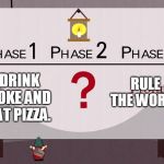 I just need to figure out phase two. | DRINK COKE AND EAT PIZZA. RULE THE WORLD | image tagged in south park underpants gnomes | made w/ Imgflip meme maker