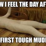whole body cast | HOW I FEEL THE DAY AFTER; MY FIRST TOUGH MUDDER | image tagged in whole body cast | made w/ Imgflip meme maker