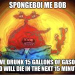 SPONGEBOI ME BOB | SPONGEBOI ME BOB; I HAVE DRUNK 15 GALLONS OF GASOLINE AND WILL DIE IN THE NEXT 15 MINUTES | image tagged in spongeboi me bob | made w/ Imgflip meme maker