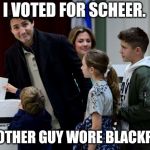 Trudeau votes | I VOTED FOR SCHEER. THE OTHER GUY WORE BLACKFACE. | image tagged in trudeau votes | made w/ Imgflip meme maker