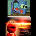 Elmo Is The Real Villain | image tagged in shocked mr krabs | made w/ Imgflip meme maker