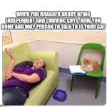 cat lady | WHEN YOU BRAGGED ABOUT BEING INDEPENDENT AND CURVING GUYS, NOW YOU HOME AND ONLY PERSON TO TALK TO IS YOUR CAT | image tagged in cat lady | made w/ Imgflip meme maker