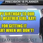 Weatherman | HAPPY BIRTHDAY TO OUR LOCAL WEATHER GIRL, KAY! FOR GETTING IT RIGHT WHEN WE DON'T! | image tagged in weatherman | made w/ Imgflip meme maker
