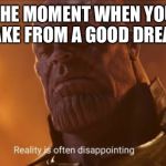 Thanos reality | THE MOMENT WHEN YOU WAKE FROM A GOOD DREAM | image tagged in thanos reality | made w/ Imgflip meme maker