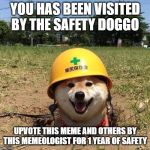 Safety doggo | YOU HAS BEEN VISITED BY THE SAFETY DOGGO; UPVOTE THIS MEME AND OTHERS BY THIS MEMEOLOGIST FOR 1 YEAR OF SAFETY | image tagged in safety doggo | made w/ Imgflip meme maker