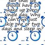 Want My Sleep | It's not fair that we should have to wake up every single day. Why can't we just skip one or two days and sleep in? COVELL BELLAMY III | image tagged in want my sleep | made w/ Imgflip meme maker