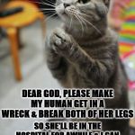 CAT PRAYER | DEAR GOD, PLEASE MAKE MY HUMAN GET IN A WRECK & BREAK BOTH OF HER LEGS; SO SHE'LL BE IN THE HOSPITAL FOR AWHILE & I CAN TEAR UP THE HOUSE, STEAL FOOD & PEE & POOP ON EVERYTHING WITHOUT GETTING IN TROUBLE. AMEN! | image tagged in cat prayer | made w/ Imgflip meme maker