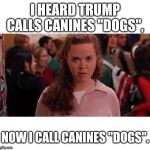 Mean Girls Army Pants | I HEARD TRUMP CALLS CANINES "DOGS", NOW I CALL CANINES "DOGS". | image tagged in mean girls army pants | made w/ Imgflip meme maker