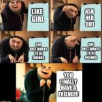 Gru's plan 5 panel | ASK 
HER 
OUT; LIKE 
GIRL; SHE JUST WANTS TO BE FRIENDS; SHE JUST WANTS TO BE FRIENDS; YOU FINALLY HAVE A FRIEND!!! | image tagged in gru's plan 5 panel | made w/ Imgflip meme maker