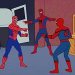 3 Spidermen Pointing at each other meme