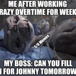 Dead ET | ME AFTER WORKING CRAZY OVERTIME FOR WEEKS; S/O Memes; MY BOSS: CAN YOU FILL IN FOR JOHNNY TOMORROW? | image tagged in dead et | made w/ Imgflip meme maker