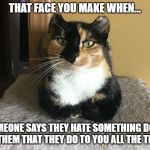 Mabel | THAT FACE YOU MAKE WHEN... SOMEONE SAYS THEY HATE SOMETHING DONE TO THEM THAT THEY DO TO YOU ALL THE TIME. | image tagged in mabel,cats,cat,sarcastic,sarcasm | made w/ Imgflip meme maker
