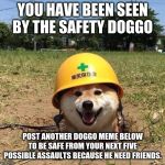 Safety doggo | YOU HAVE BEEN SEEN BY THE SAFETY DOGGO; POST ANOTHER DOGGO MEME BELOW TO BE SAFE FROM YOUR NEXT FIVE POSSIBLE ASSAULTS BECAUSE HE NEED FRIENDS. | image tagged in safety doggo | made w/ Imgflip meme maker