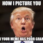 Trump stupid face | HOW I PICTURE YOU; WHEN YOUR MEME HAS POOR GRAMMAR | image tagged in trump stupid face | made w/ Imgflip meme maker