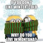 winter minions | IF YOU DON'T LIKE WINTER/COLD; WHY DO YOU LIVE IN MONTANA? | image tagged in winter minions | made w/ Imgflip meme maker