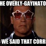 Terminator sunglasses | THE OVERLY-GAYINATOR; YES WE SAID THAT CORRECT | image tagged in terminator sunglasses | made w/ Imgflip meme maker