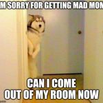 Husky peeking in doorway  | IM SORRY FOR GETTING MAD MOM; CAN I COME OUT OF MY ROOM NOW | image tagged in husky peeking in doorway | made w/ Imgflip meme maker