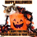 Be safe! | HAPPY HALLOWEEN; I HOPE YOU FIND RAZOR BLADES IN YOUR CANDY | image tagged in grumpy cat halloween,bucket,halloween,memes,funny | made w/ Imgflip meme maker