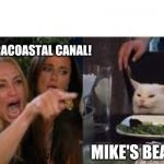 Lady pointing at cat | THE INTRACOASTAL CANAL! MIKE'S BEACH! | image tagged in lady pointing at cat | made w/ Imgflip meme maker