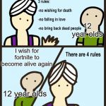 There are four rules | 12 year olds; I wish for fortnite to become alive again; 12 year olds | image tagged in there are four rules | made w/ Imgflip meme maker