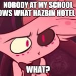 :( | NOBODY AT MY SCHOOL NOWS WHAT HAZBIN HOTEL IS; WHAT? | image tagged in what,hazbin hotel,school,relatable,fun,funny memes | made w/ Imgflip meme maker