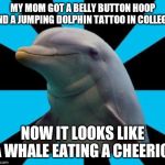 Dolphin | MY MOM GOT A BELLY BUTTON HOOP AND A JUMPING DOLPHIN TATTOO IN COLLEGE. NOW IT LOOKS LIKE A WHALE EATING A CHEERIO. | image tagged in dolphin | made w/ Imgflip meme maker