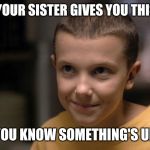 Stranger Things | WHEN YOUR SISTER GIVES YOU THIS LOOK, YOU KNOW SOMETHING'S UP | image tagged in stranger things | made w/ Imgflip meme maker