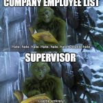 Me  at work | COMPANY EMPLOYEE LIST; SUPERVISOR | image tagged in grinch,work,happy holidays,merry christmas | made w/ Imgflip meme maker