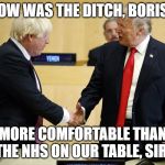 Trump boris johnson | HOW WAS THE DITCH, BORIS? MORE COMFORTABLE THAN THE NHS ON OUR TABLE, SIR. | image tagged in trump boris johnson | made w/ Imgflip meme maker