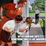 parasite film reference | AFTER SOMEONE SAYS SOMETHING SMELLS LIKE RADISHES | image tagged in knives out | made w/ Imgflip meme maker