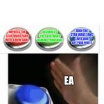 Blank Nut Button with 3 Buttons Above | RUIN THE STAR WARS FANS' LIVES AND GET PAID FOR IT; RESURRECT THE STAR WARS GAMING FRANCHISE; IMPRESS THE STAR WARS FANS WITH A NEW GAME; EA | image tagged in blank nut button with 3 buttons above,star wars,star wars battlefront,battlefront 2,star wars meme,blank nut button | made w/ Imgflip meme maker