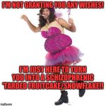 Greetings from your fairy godmother | I'M NOT GRANTING YOU ANY WISHES! I'M JUST HERE TO TURN YOU INTO A SCHIZOPHRENIC 'TARDED FRUITCAKE/SNOWFLAKE!! | image tagged in greetings from your fairy godmother | made w/ Imgflip meme maker
