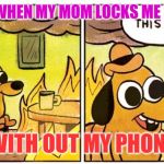 this is fine | THIS IS ME WHEN MY MOM LOCKS ME IN MY ROOM; WITH OUT MY PHONE | image tagged in this is fine | made w/ Imgflip meme maker