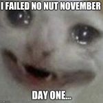 crying cat | I FAILED NO NUT NOVEMBER; DAY ONE... | image tagged in crying cat | made w/ Imgflip meme maker