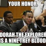 6ix9ine snitching | YOUR HONOR, DORAH THE EXPLORER IS A NINE TREY BLOOD. | image tagged in 6ix9ine snitching | made w/ Imgflip meme maker